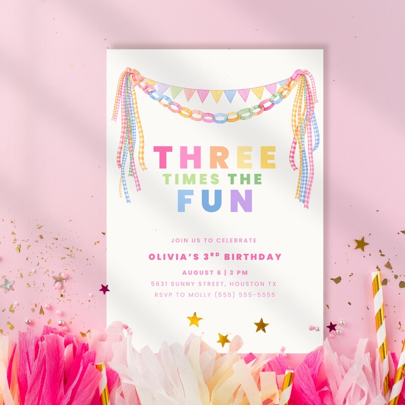 May include: A birthday invitation with the text "THREE TIMES THE FUN" in colourful letters. The invitation is decorated with a garland of colourful pennants and ribbons. The invitation also includes the details for Olivia's 3rd birthday.
