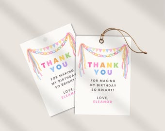 Bearbeitbarer Geburtstag Dankeschön-Tag Canva Vorlage 1.75x2.5, Kids Party Danke druckbar, Regenbogen Banner Favor Tag
