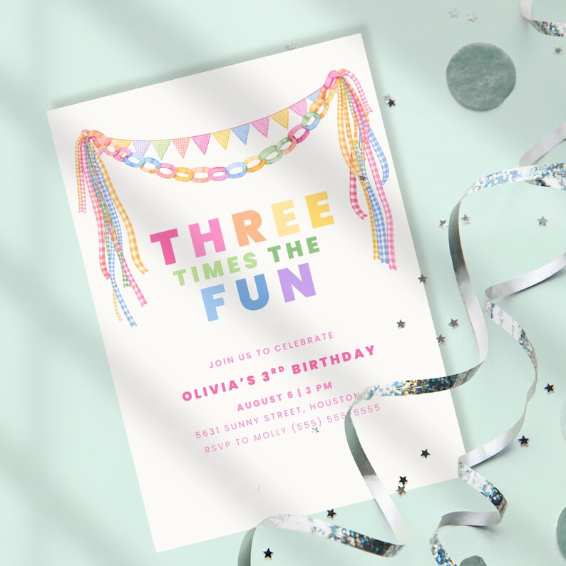 May include: A white birthday invitation card with the text "THREE TIMES THE FUN" in various colours. The card includes details for Olivia's 3rd birthday, with a banner and ribbons in pastel colours. The background is light green.