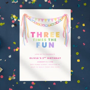May include: A birthday invitation with the text "THREE TIMES THE FUN" in colourful letters. The invitation includes details for Olivia's 3rd birthday, with a banner and streamers design. The background is white with confetti.