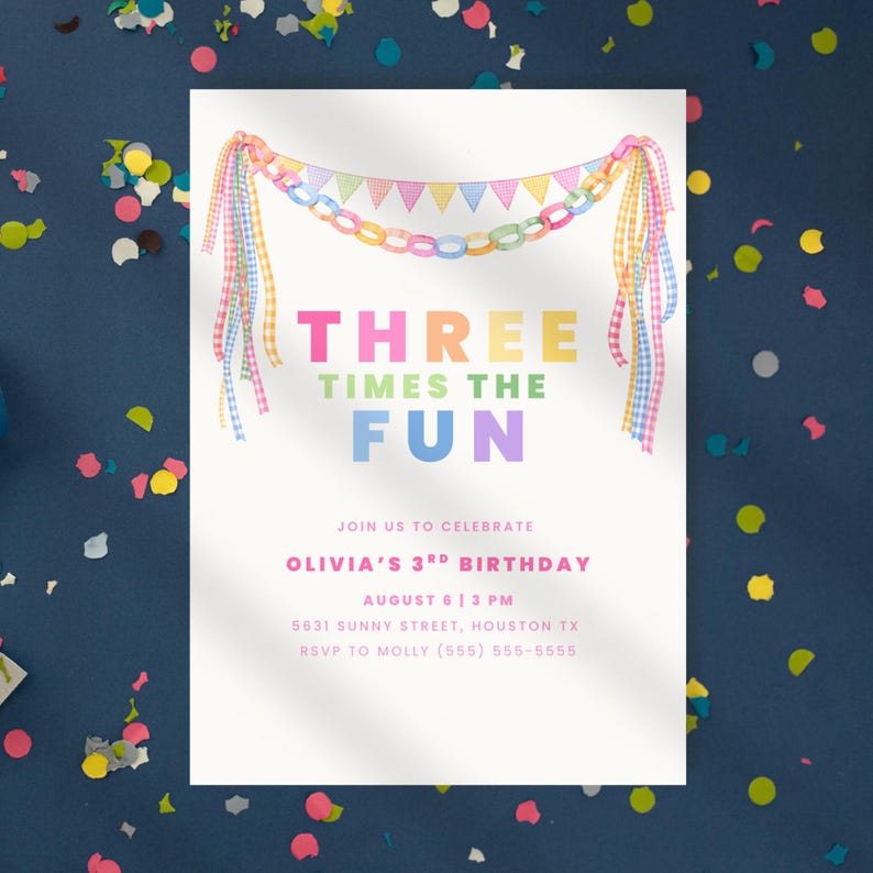 May include: A birthday invitation with the text "THREE TIMES THE FUN" in colourful letters. The invitation includes details for Olivia's 3rd birthday, with a banner and streamers design. The background is white with confetti.