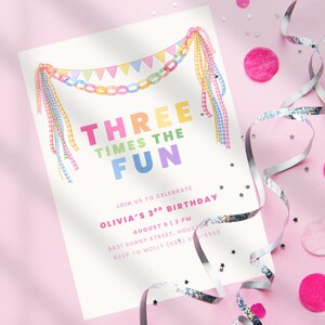 May include: A birthday invitation with the text "THREE TIMES THE FUN" in colourful letters. The invitation features a banner and streamers in pastel colours. The invitation is on a white background with pink confetti and silver ribbon.