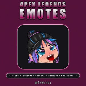 May include: Apex Legends Emotes graphic with a crying character face. The character has black hair with blue and purple highlights, blue eyes, and a red tongue. The text "APEX LEGENDS EMOTES" is at the top. The image includes size options and the creator's handle.