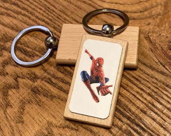 Spiderman Keychain, wood keyring, pen drawing, handmade, small gifts, for him, for her, birthday present, ideas, Christmas, stocking fillers