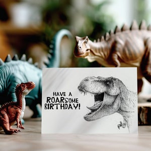 Carte d'anniversaire personnalisée T-Rex, oeuvre d'art, dessin, 8 x 6 une fois pliée, carte pour lui, carte pour elle, dinosaures, dino, cartes pour enfants, Jurassic Park,
