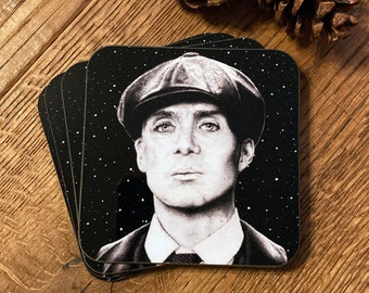 Tommy Shelby Coaster, Cillian murphy, fan art, drawing, small gift, birthday, for her, Christmas gift, stocking fillers, black and white