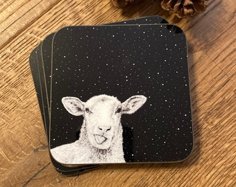 Sheep coaster, starry night, drawing, small gifts, birthday, present, for him, for her, Christmas gift, stocking fillers, welsh sheep, wales