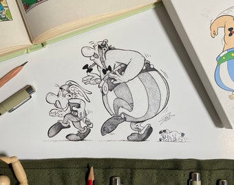 Asterix and Obelix A4 Print, Christmas gift, fan art, pen, dogmatix, small gift, wall art, small gift, birthday, present, fathers day gift