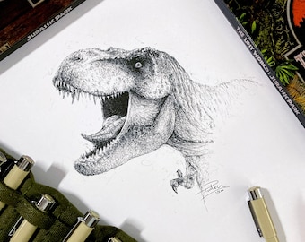 Limited Edition T-Rex Pen Drawing, Jurassic Art Print (A4)
