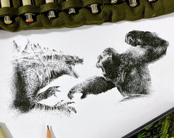 Limited Edition Godzilla vs Kong A4 Print, Pen Drawing