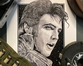 Limited Edition Elvis Presley Print, Pointillism Pen Drawing, A4, art and collectibles