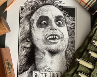 Limited Edition Beetlejuice A4 Print, pen drawing, pointillism, art, small gifts, for him, Christmas gift, Halloween, black and white art