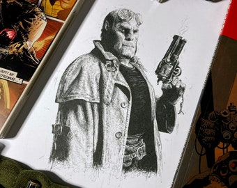 Limited Edition Hellboy Pen Drawing, A4 Print, art and collectibles