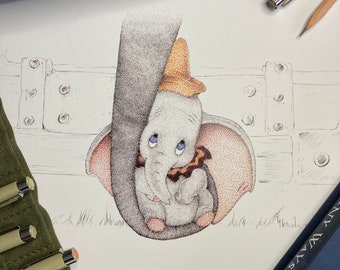 Baby Elephant Print, Handmade Pointillism Pen Drawing, A4 Limited Edition