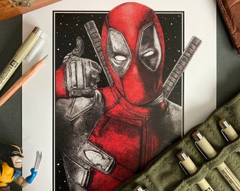Limited Edition Deadpool Pen Drawing, Pointillism Art Print (A4)
