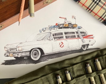 Limited Edition Ghostbusters Car Print, Pointillism Pen Drawing (A4)
