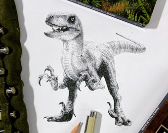 Limited Edition Raptor Pen Drawing, Jurassic Fan Art Print (A4)