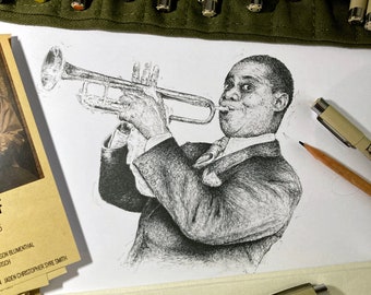 Limited Edition Louis Armstrong A4 Prints, Christmas gift, Pen Drawing, art & collectibles, fathers day