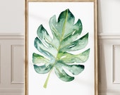 Watercolor Leaf Plant print, Monstera Wall art digital print, Botanical painting with a tropical feel, Printable artwork of a house plant