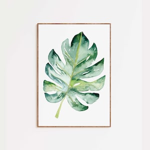 Watercolor Leaf Plant print, Monstera Wall art digital print, Botanical painting with a tropical feel, Printable artwork of a house plant image 2