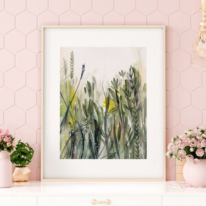 Green watercolor art print of grasses in nature, Flower print, Wild flowers, Abstract wall art, Flower print, Botanical print, grass art image 6