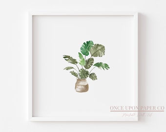 Monstera plant in pot painted in watercolor, Plant wall art, botanical wall art, Printable art, Plant print, watercolor print, plant art