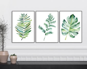 Botanical Print Set, Large Printable Watercolor Illustration, Botanical wall art instant download, Boho Leaf print set