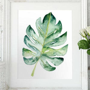 Watercolor Leaf Plant print, Monstera Wall art digital print, Botanical painting with a tropical feel, Printable artwork of a house plant image 3