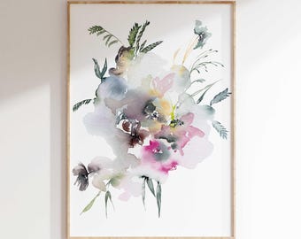May include: A watercolor painting of a bouquet of flowers in shades of pink, purple, and green. The flowers are loosely painted, giving the painting a soft and ethereal feel.