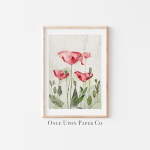 Poppy print in watercolor, Nature wall art, Wild flower print, Flower art in watercolor, Flower wall art, Wall decor, instant download,