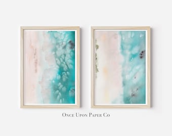 Teal Abstract Watercolor Print Set, Coastal Wall Art (Digital Download)