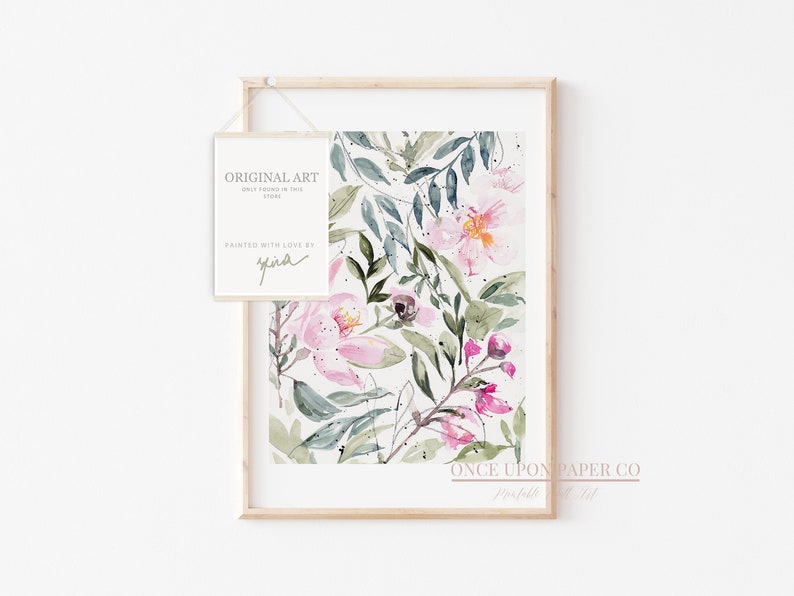 Floral print of Pink flowers and foliage in watercolor, Flower print, Floral pink art, floral prints, Flower wall decor, Floral art, instant image 10