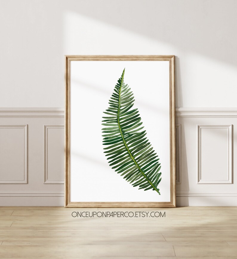 Botanical fern leaf nature print, an illustration in watercolour, Poster of green fern, living room decor, Printable art, Boho wall art image 1