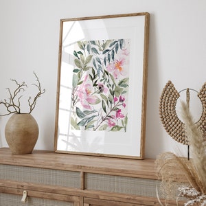 Floral print of Pink flowers and foliage in watercolor, Flower print, Floral pink art, floral prints, Flower wall decor, Floral art, instant image 2