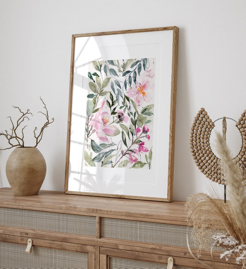 Floral print of Pink flowers and foliage in watercolor, Flower print, Floral pink art, floral prints, Flower wall decor, Floral art, instant image 2