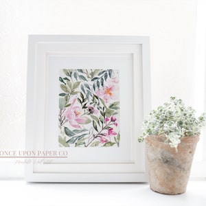 Floral print of Pink flowers and foliage in watercolor, Flower print, Floral pink art, floral prints, Flower wall decor, Floral art, instant image 9