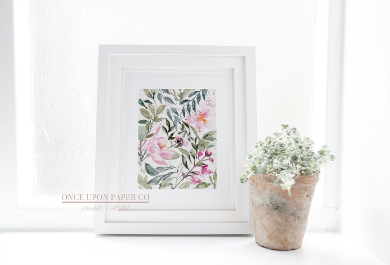 Floral print of Pink flowers and foliage in watercolor, Flower print, Floral pink art, floral prints, Flower wall decor, Floral art, instant image 9