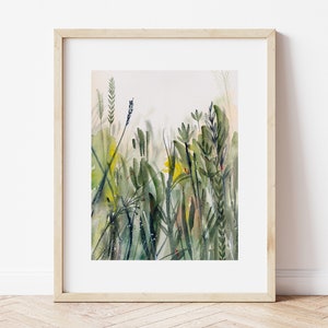 Green watercolor art print of grasses in nature, Flower print, Wild flowers, Abstract wall art, Flower print, Botanical print, grass art image 10