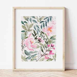 Floral print of Pink flowers and foliage in watercolor, Flower print, Floral pink art, floral prints, Flower wall decor, Floral art, instant image 6