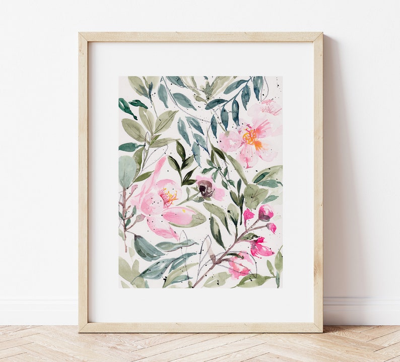 Floral print of Pink flowers and foliage in watercolor, Flower print, Floral pink art, floral prints, Flower wall decor, Floral art, instant image 6