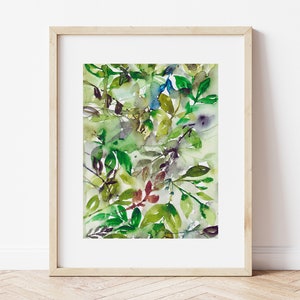 May include: Watercolor painting of a leafy green botanical pattern with hints of blue and red.