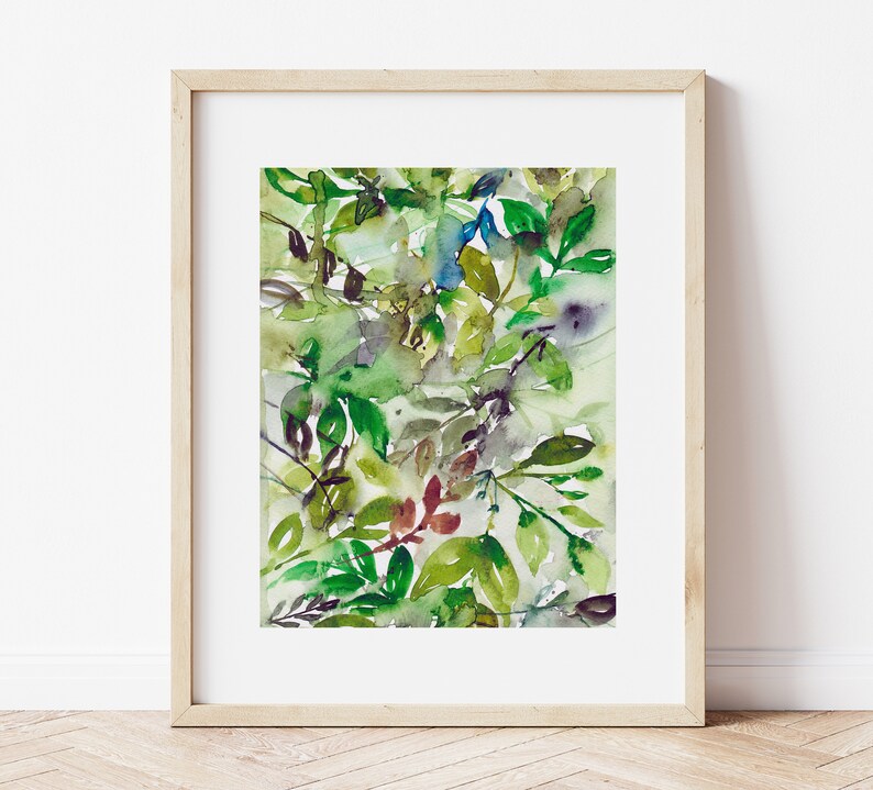 May include: Watercolor painting of a leafy green botanical pattern with hints of blue and red.