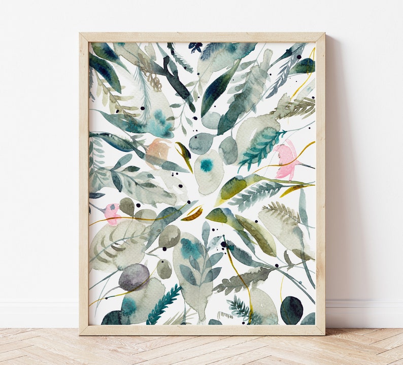 Plant leaf wall art, Plant leaf decor of various leaf in greens and blues, Botanical art, leaf wall art, Forest art, Plant leaf print image 6