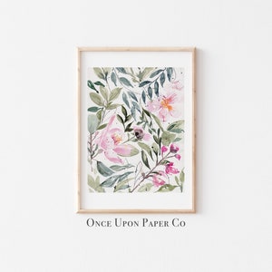 Floral print of Pink flowers and foliage in watercolor, Flower print, Floral pink art, floral prints, Flower wall decor, Floral art, instant image 3