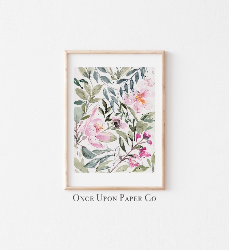 Floral print of Pink flowers and foliage in watercolor, Flower print, Floral pink art, floral prints, Flower wall decor, Floral art, instant image 3