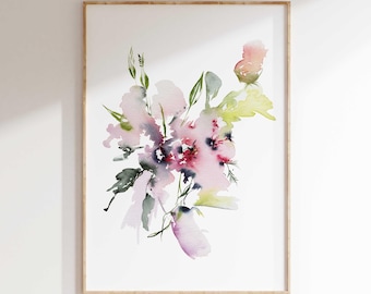May include: Watercolor painting of a bouquet of pink and green flowers. The flowers are painted in a loose, abstract style, with soft edges and delicate details.