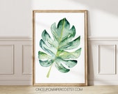 Watercolor Leaf Plant print, Monstera Wall art digital print, Botanical painting with a tropical feel, Printable artwork of a house plant