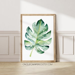 Watercolor Leaf Plant print, Monstera Wall art digital print, Botanical painting with a tropical feel, Printable artwork of a house plant image 1