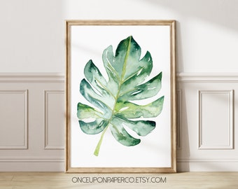 Watercolor Leaf Plant print, Monstera Wall art digital print, Botanical painting with a tropical feel, Printable artwork of a house plant