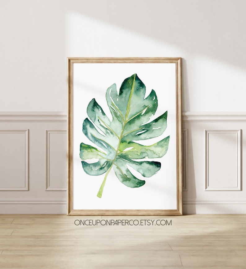 Watercolor Leaf Plant print, Monstera Wall art digital print, Botanical painting with a tropical feel, Printable artwork of a house plant image 1